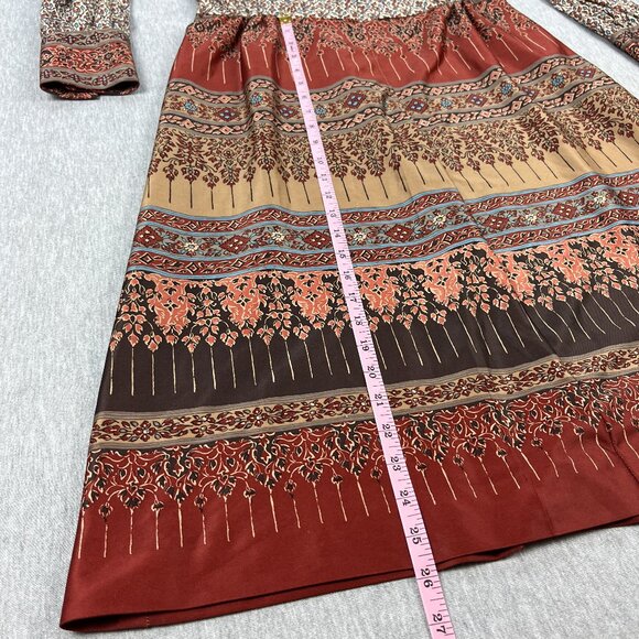 Vintage 70s Honeycomb Western Dress Womens M 8 Earth Tones Prairie Cottagecore - Picture 12 of 16